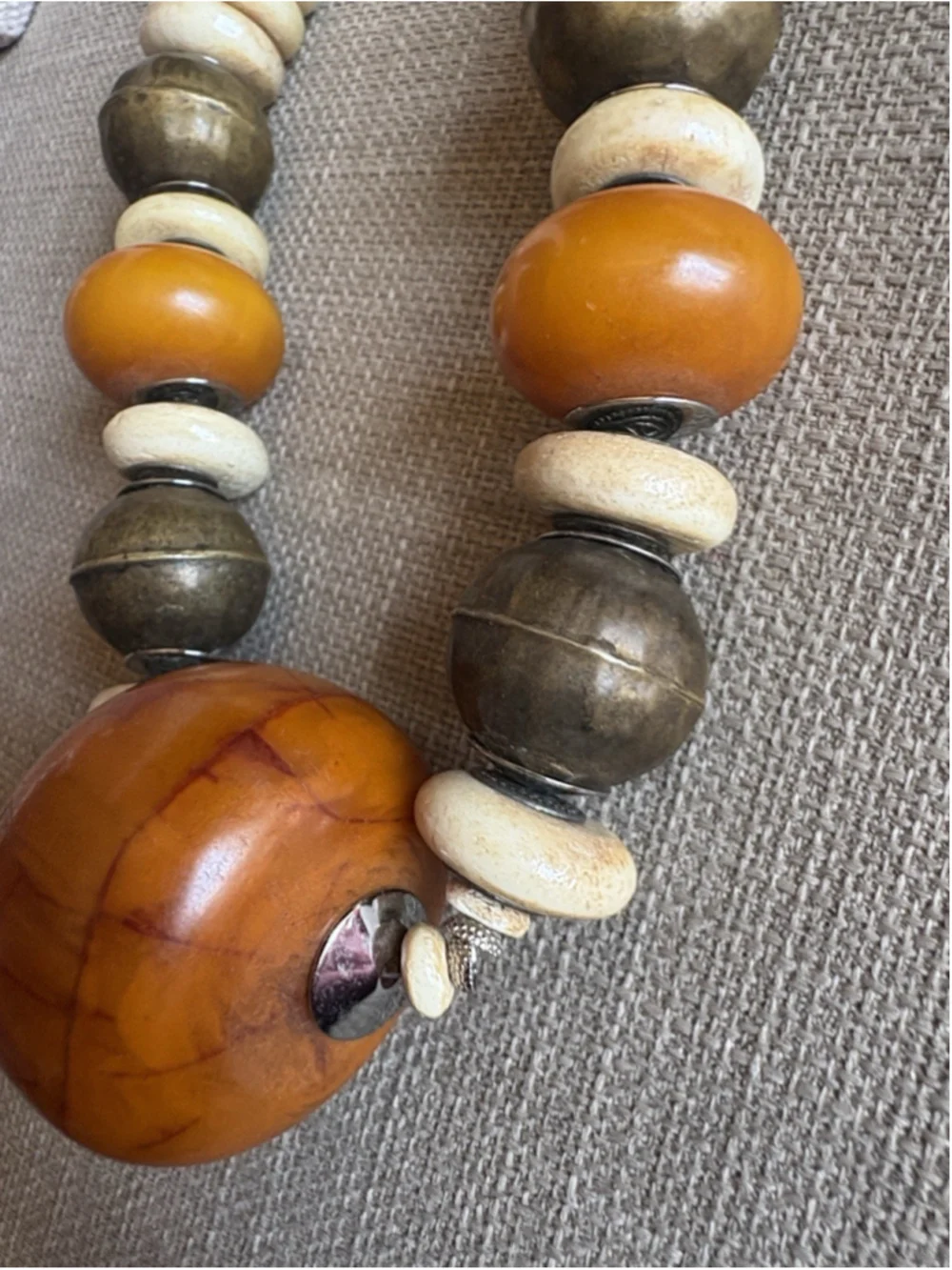 Vtg African Copal Amber Resin Bead Necklace Chunky Tribal Bone Brass Statement